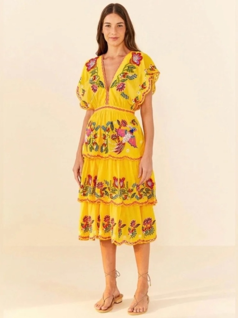NWT Women's Large Farm Rio Embroidered Yellow Richelieu Midi Dress